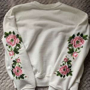 white crop top sweater with rose embroidery